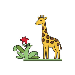 Fototapeta premium Cartoon Giraffe Standing Next to Red Flowering Plant.