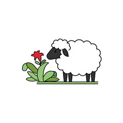 Obraz premium Cute Sheep Standing Beside Red Flower and Green Plant.