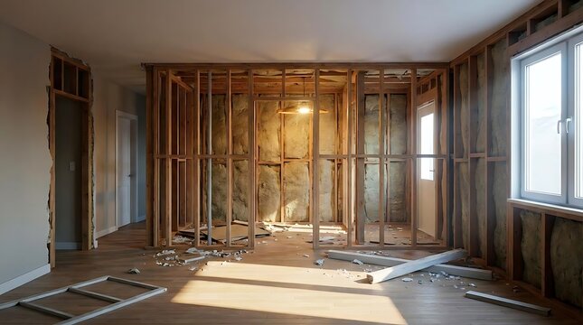Fixer upper house interior featuring exposed wooden wall framing and fiberglass insulation during a residential renovation project in an empty room