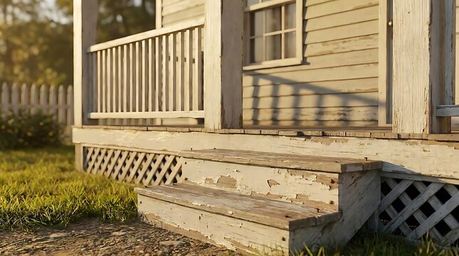 A weathered wooden fixer upper house features rustic steps with peeling white paint and a classic front porch exterior glowing in the warm afternoon sunlight