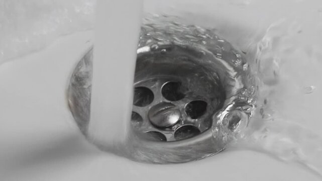 Water Streaming into Sink Drain with Bubbles Closeup Macro Water Flow in Bathroom