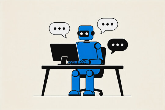 A flat illustration of a blue robot working at a desk, typing on a computer, with speech bubbles showing conversation.