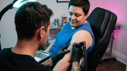 Obraz premium Artist creates original abstract tattoo on upper arm