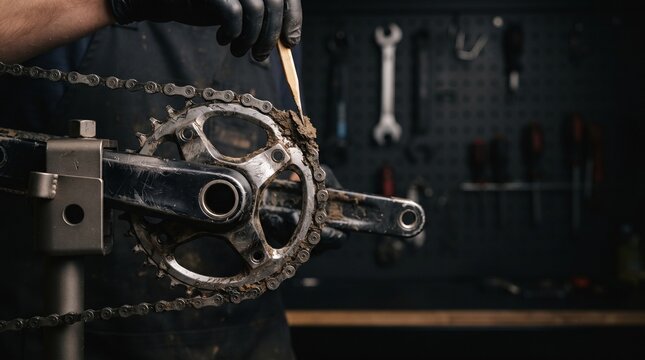 Trail grit removed from worn mountain bike chainring teeth