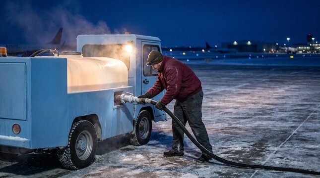 Technician prepares deicing equipment on a frozen airport apron