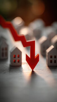 Red downward arrow symbolizing housing market decline placed among miniature white house models on a reflective surface with warm background lighting