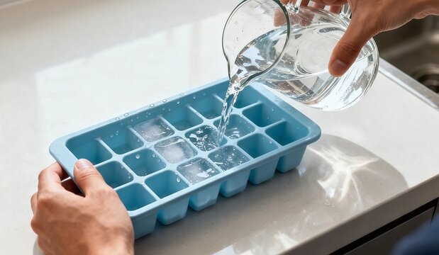 First-person view of hands filling a silicone ice cube tray with fresh water in a clean kitchen.