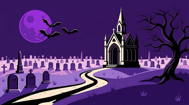 A spooky pixel art graveyard scene featuring a gothic chapel under a large purple moon with flying bats