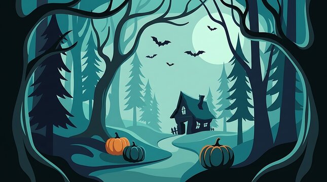 Spooky halloween forest scene with a mysterious dark cabin silhouette pumpkins and flying bats in a misty woodland landscape
