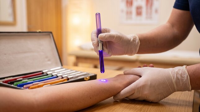 Alternative medicine therapist, glowing purple glass light wand, applying chromotherapy on wrist, in holistic wellness clinic, alternative therapy photography