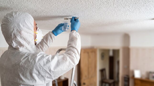 Environmental inspector in hazmat suit, respirator mask and blue gloves, taking ceiling sample on ladder, inside residential home, safety inspection photography