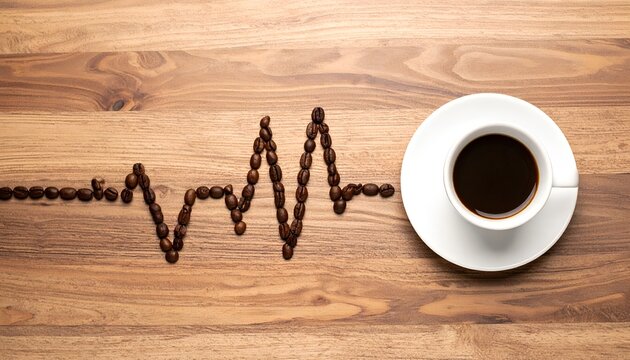 Top view of a white coffee cup beside coffee beans arranged like a heartbeat waveform on a wooden table, symbolizing energy, rhythm, wellness, and a love for coffee.