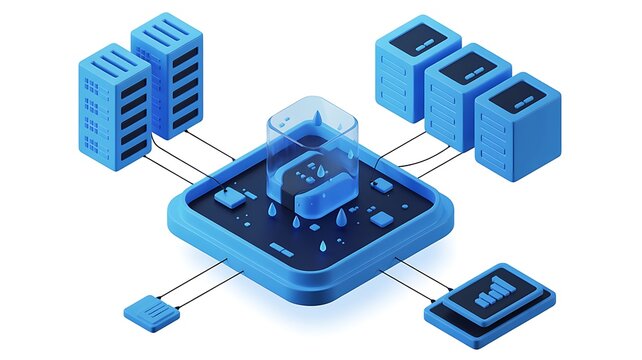A 3D Isometric Digital Concept of Cloud Server Computing Infrastructure and Data Network Connectivity Visualization