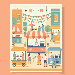 Naklejka premium A vibrant vector illustration of a bustling street food market filled with lively stalls, cheerful vendors, and happy customers enjoying outdoor dining during a sunny festival celebration