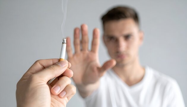 Man raising an open hand in refusal toward a cigarette, representing anti-smoking awareness, tobacco prevention, healthy lifestyle choices, and the decision to reject cigarette use.