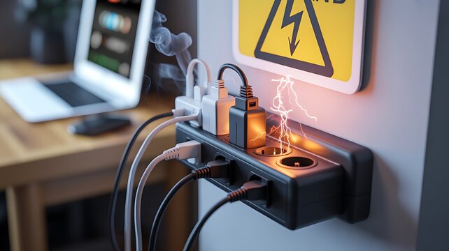 A Dangerous Electrical Overload With Smoking Power Strip And Sparks Representing Fire Hazard Risk In An Office Environment