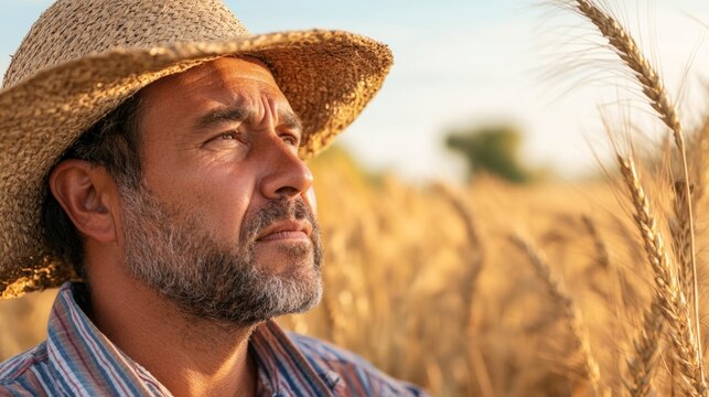 farmer observing withered crops with a worried expression; impact of climate on agriculture; generative ai