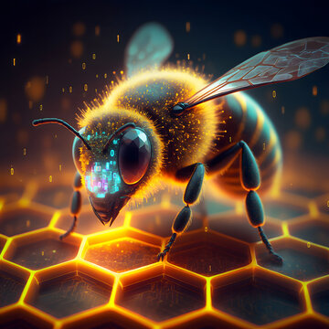 Cybernetic honey bee with glowing digital circuits on honeycomb, futuristic robotic insect in high-tech hive. Bioluminescent mechanical bee with golden light and data particles. Sci-fi bionic