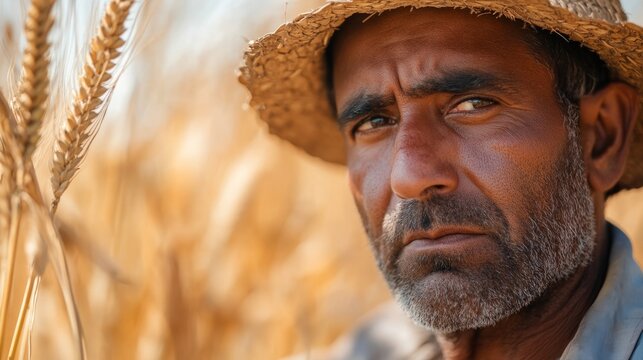 farmer observing withered crops with a worried expression; impact of climate on agriculture; generative ai