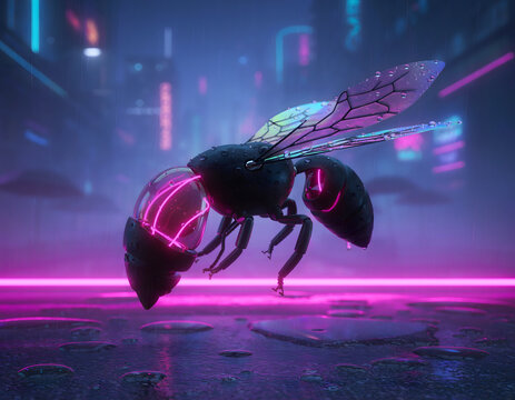 Cyberpunk robotic bee in futuristic neon city, mechanical insect with glowing pink lights and iridescent wings on wet asphalt. Sci-fi cyborg bee concept art with synthwave aesthetic and blue