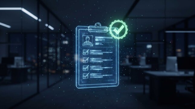 Futuristic glowing digital clipboard displaying project overview and checkmarks, symbolizing successful task approval, data validation, and business workflow