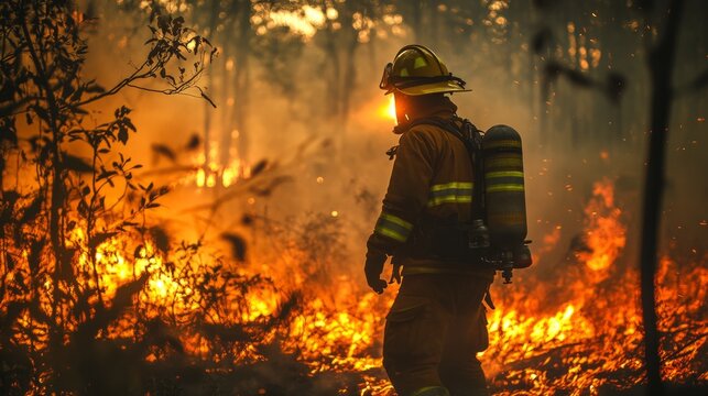 firefighter battling a forest fire, smoke and flames, climate crisis generative ai