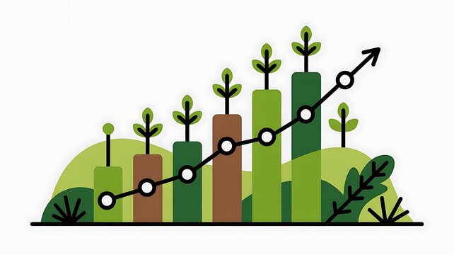 Growth and development bar chart with green plant sprouts for sustainable business success and environmental progress
