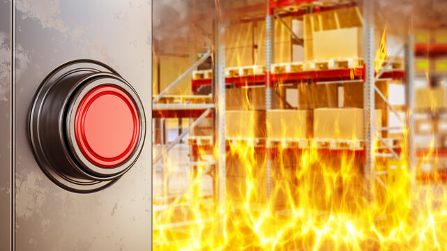 Warehouse fire safety, emergency alarm button is ready to activate as flames spread through storage racks and stored goods.