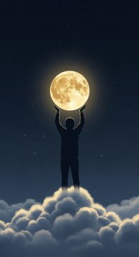 A silhouette of a person standing on clouds holding a glowing full moon against starry night sky
