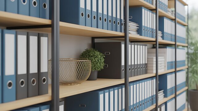 Modern Office Storage Shelving Unit with Organized File Folders and Decorative Elements for Professional Workspace