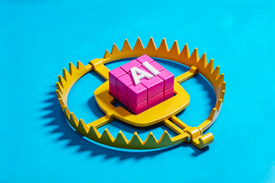 A bear trap holds a pink cube marked AI as bait, symbolizing risks or temptations related to artificial intelligence in tech concepts.