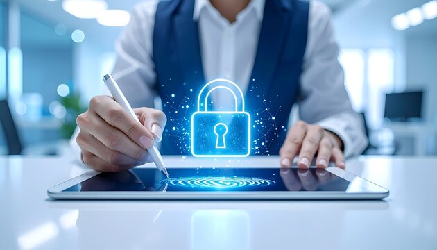 Business professional signing a tablet with a glowing fingerprint and padlock, symbolizing identity verification, biometric security, digital privacy, and secure transactions.