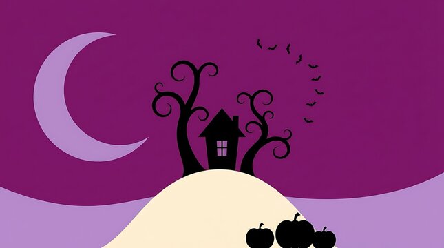 Whimsical halloween illustration of a spooky house on a hill under a glowing crescent moon