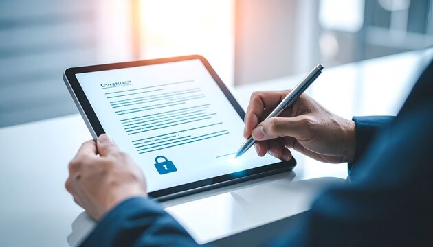 Businesswoman signing a digital document on a tablet beneath a glowing padlock, illustrating secure transactions, cybersecurity, digital authentication, and data privacy.