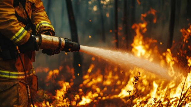 firefighter battling a forest fire, smoke and flames, climate crisis generative ai