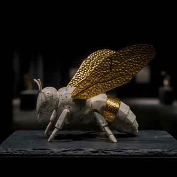 Ornate bee sculpture with gold textured wings and white marble body. Luxury insect figurine on black stone pedestal in museum gallery setting. Elegant honeybee art piece featuring metallic gold