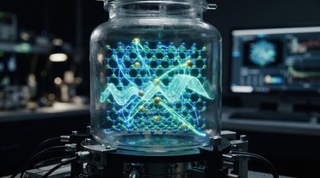 AI atomistic simulation with crystal lattice atoms, diffusion trails, reaction vessel, and energy barrier for solid state materials research.