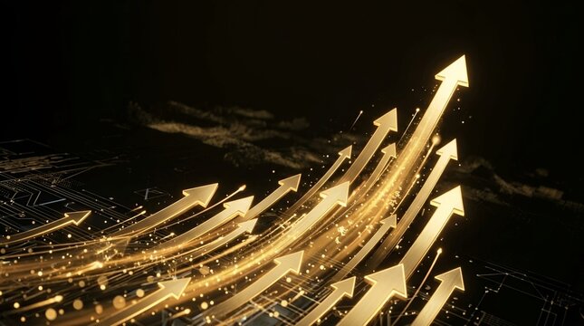 An premium, cinematic visualization of multiple solid, polished golden arrows ascending dramatically over an complex, deep-space obsidian digital circuit matrix with intricate fractal patterns and dat