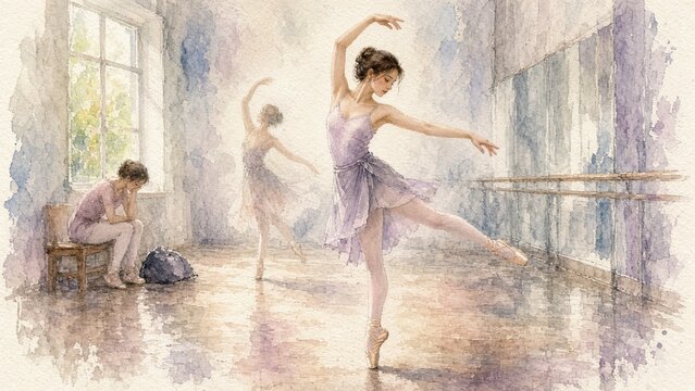 Watercolor ballet studio painting featuring graceful ballerina in arabesque and thoughtful dancer reflecting in mirror for dance-themed art collection