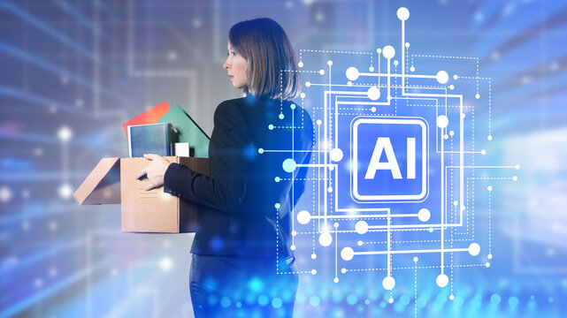 Order fulfillment office worker packing boxes while managing inventory, AI digital automation overlay for e-commerce logistics and shipping workflow.