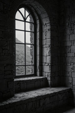 Tall Arched Stone Window with Deep Sill Overlooking Mountainous Landscape