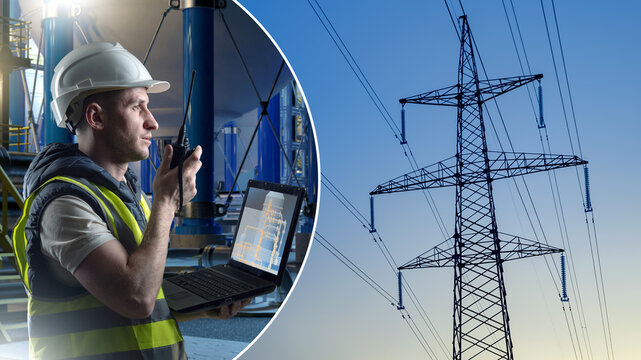 Electrical power infrastructure monitoring, engineer operates laptop and radio while overseeing transmission tower and high-voltage grid system in industrial facility.