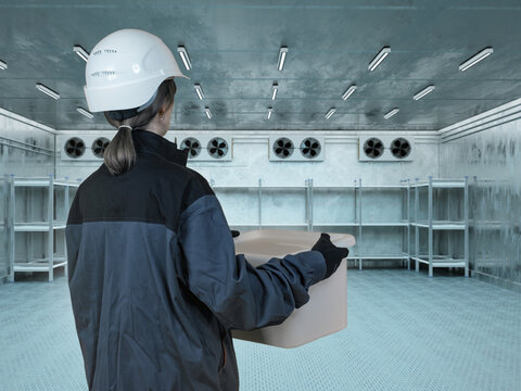 Cold storage logistics, warehouse worker transports box inside industrial refrigeration room with ventilation systems and ceiling fans for climate-controlled storage.