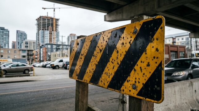 A weathered yellow and black striped construction barrier stands prominently in the foreground with a city skyline featuring buildings and a crane visible in the blurred background