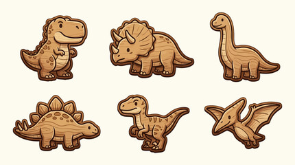 Prehistoric dinosaur wooden figures displayed as carved toys with detailed grain textures under soft warm lighting against a pale background. © fina