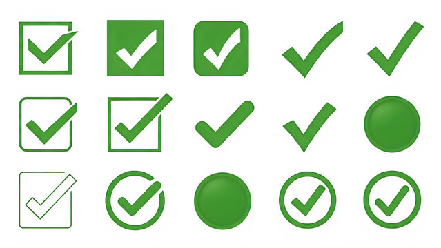 Colorful set of checkmark icons in green with different styles isolated on transparent background