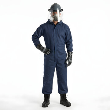 Industrial worker wearing protective gear including a full blue coverall suit and a hard hat with a clear face shield and respirator mask while standing ready for dangerous work tasks at a site