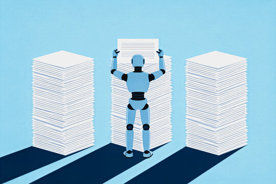A humanoid robot handles large stacks of paper documents, illustrating automated office work and administrative task processing with technology.