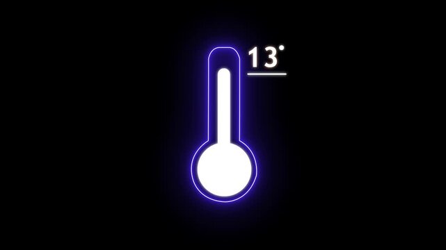 Neon Celsius thermometer displayed temperature 13 degree. Thermometer equipment showing hot or cold weather. 4K Video motion graphic animation.