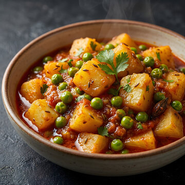 Aloo Matar Indian potato and pea curry in a ceramic bowl, spicy vegetable masala with cumin and coriander garnish. Traditional vegetarian Indian cuisine featuring steaming hot potato cubes and